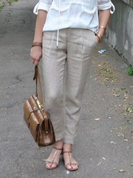 

Casual Cotton And Linen Regular Fit Plain Casual Pants, Khaki gray, Pants