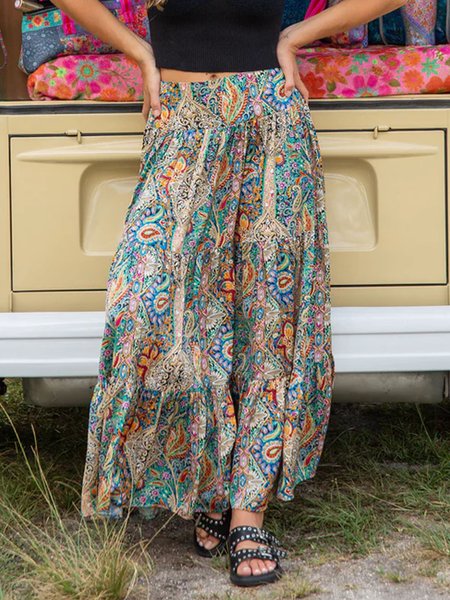 

Regular Fit Knitted Paisley Ethnic Boho Skirt, Multicolor, Skirts
