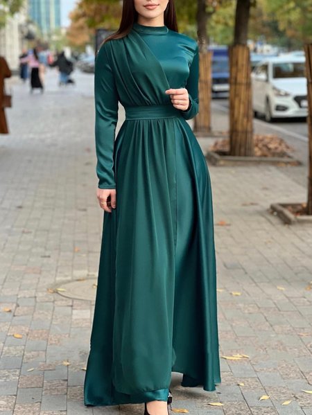 

Plain Elegant Half Turtleneck Dress & Party Dress, Green, Maxi Dresses