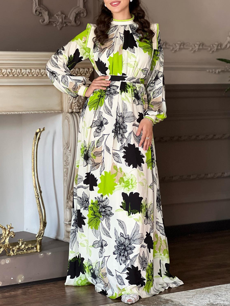 

Half Turtleneck Floral Elegant Dress, Green, Maxi Dresses