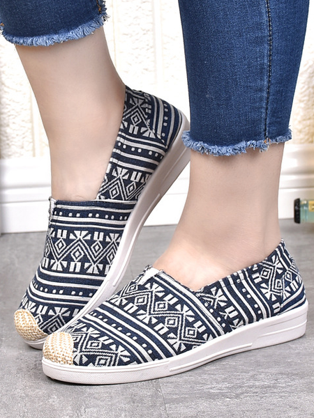 

Striped Graphic-Print Canvas Flat Shoes, Blue, Flats