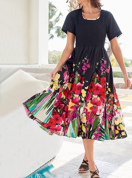 

Casual Loose Crew Neck Floral Dress, Black, Dresses