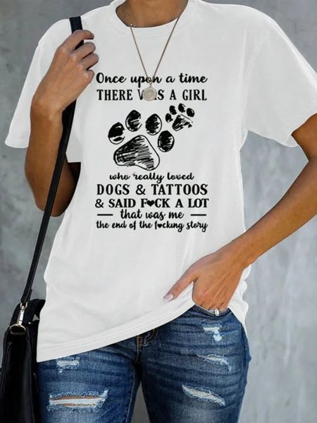 

Women's Once Upon A Time Dog Paw Letter Printed Casual Tee, White, T-Shirts