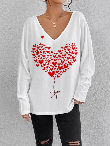 

Heart/Cordate Knitted Loose Casual T-Shirt, White, T-Shirts