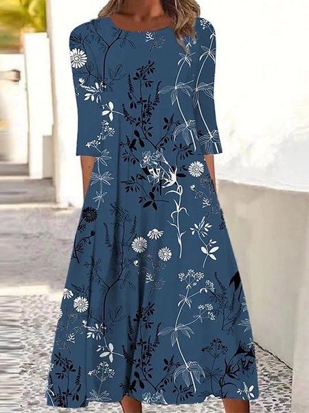 

Casual Floral Loose Crew Neck Dress, Blue, Dresses