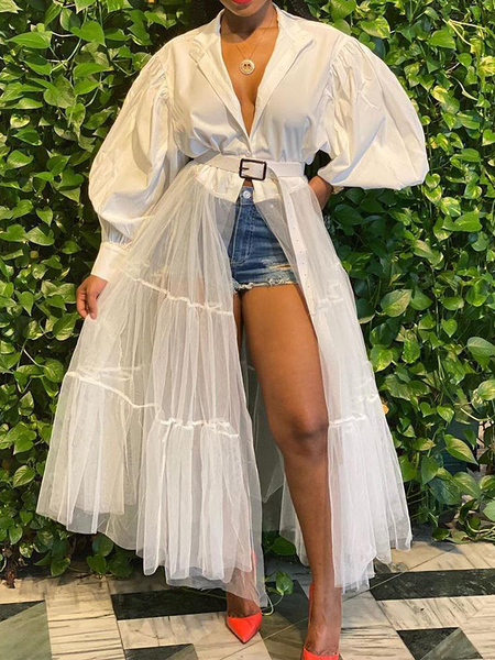 

Loose Urban Plain Stand Collar Long sleeve Mid-long Blouse, White, Blouses and Shirts