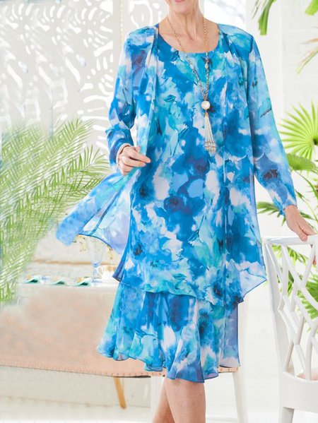 

Spring Blue Chiffon Tie-dyeCrew Neck Loose Casual Two-Piece Set, Suit Set