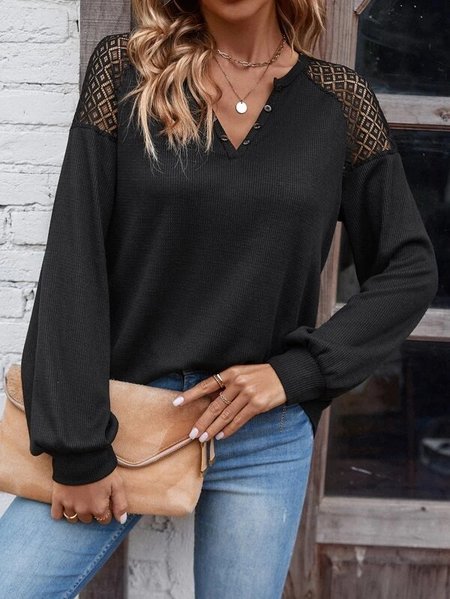 

Casual Plain Lace V Neck Top, Black, Tops
