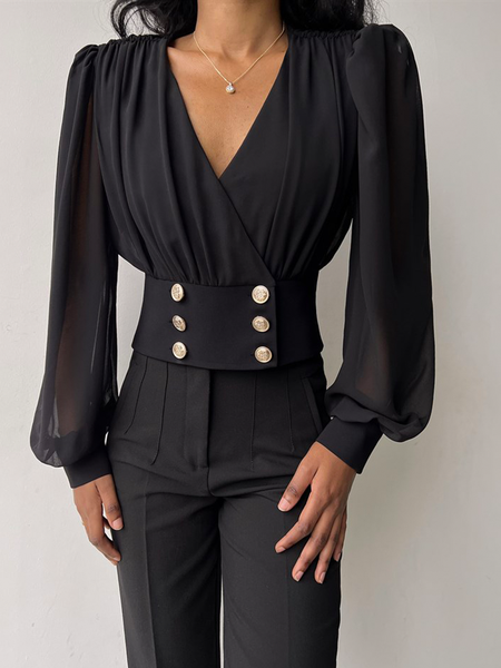 

Regular Fit V Neck Long sleeve Elegant Blouse, Black, Blouses and Shirts