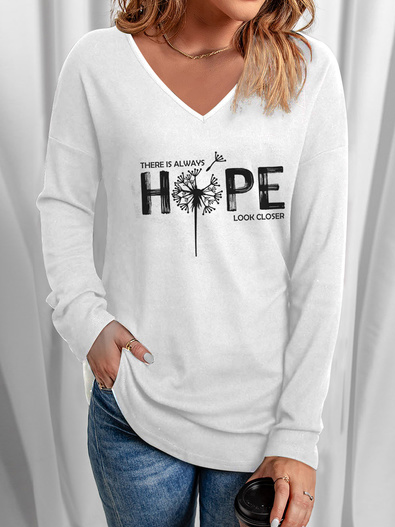 

V Neck Loose Hope Casual T-Shirt, White, T-Shirts