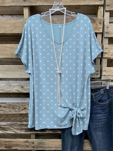 

Casual Regular Fit V Neck Polka Dots T-Shirt, Blue, T-Shirts