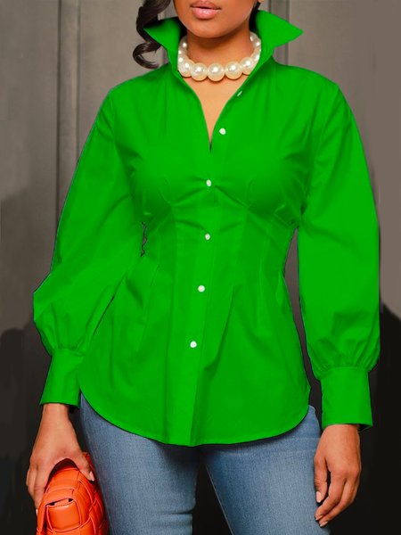 

Shirt Collar Urban Plain Long Sleeve Blouse, Green, Blouses and Shirts