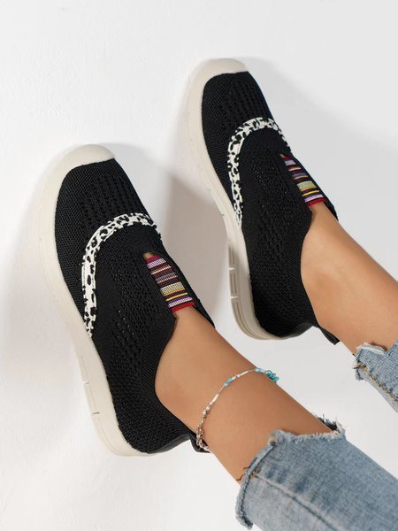 Breathable Striped Split Joint Soft Sole Slip On Sports Sneakers, Black, Sneakers