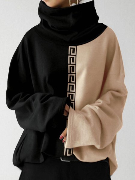 

Loose Casual Turtleneck Color Block Sweatshirt, Black, Hoodies and Sweatshirts