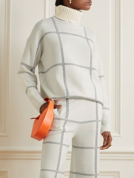 

Casual Plaid Loose Sweater, White, Pullovers