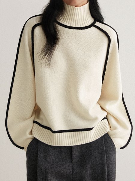 

Turtleneck Urban Color Block Sweater, Off white, Pullovers