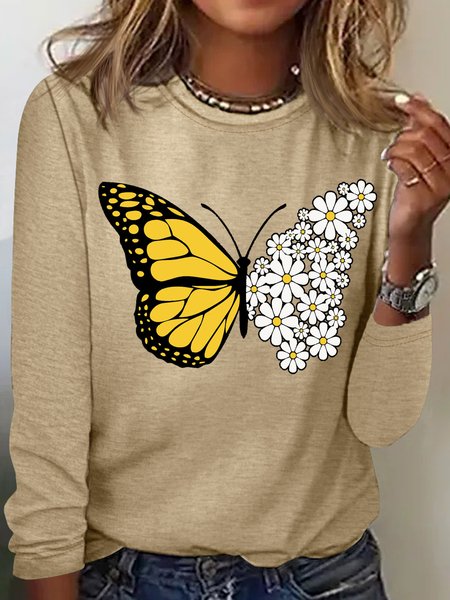

Women's Bbutterflu Daisy Print Crew Neck Casual Top, Khaki, Long sleeves