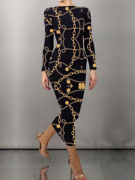 

High Elasticity Tight Ethnic Boat Neck Long sleeve Long Dress, Black, Maxi Dresses