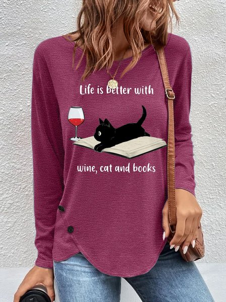 

Women's Life Is Better With Wine Cat And Books Casual Crew Neck Top, Burgundy, Long sleeves