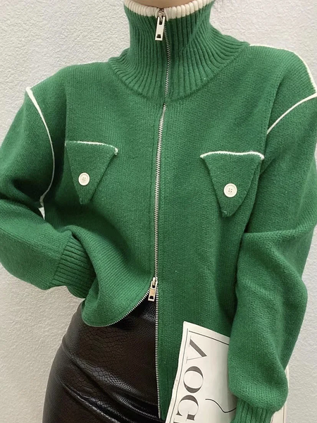 

High Elasticity Turtleneck Urban Color Block Long sleeve Sweater, Green, Pullovers