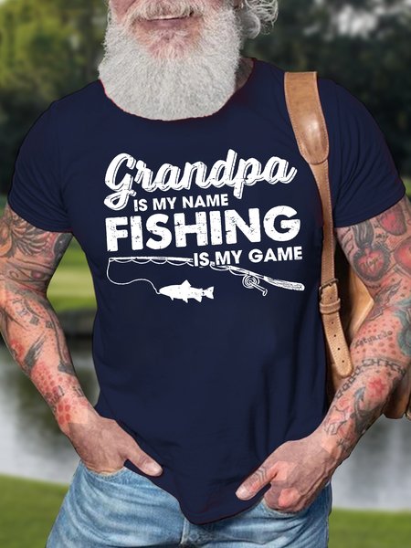 

Men's Grandpa Is My Name Fishing Is My Game Funny Graphic Print Text Letters Casual Cotton T-Shirt, Purplish blue, T-shirts