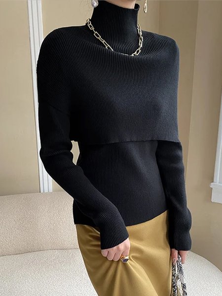 

Long sleeve Plain Turtleneck Elegant Sweater, Black, Pullovers