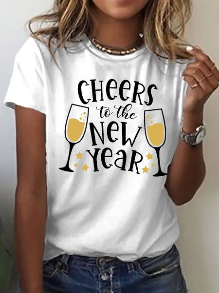

Women's Cheers To The New Year Letters Crew Neck Casual T-Shirt, White, T-shirts