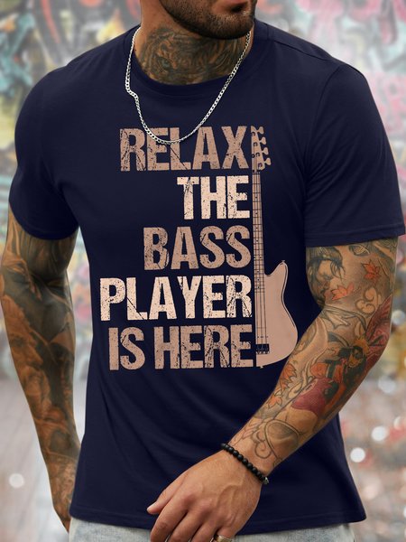 

Men's Relax The Bass Player Is Here Funny Graphic Print Philharmonic Casual Loose Cotton Text Letters T-Shirt, Purplish blue, T-shirts