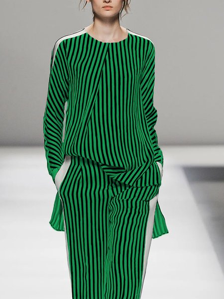 

Striped Regular Fit Urban Crew Neck Long Sleeve Blouse, Green, Blouses and Shirts