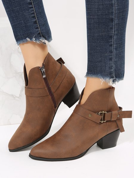 

Vintage Zipper Side Point Toe Chunky Heeled Booties, Brown, Boots