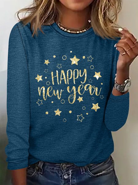 

Women's Happy New Year Casual Crew Neck Top, Blue, Long sleeves