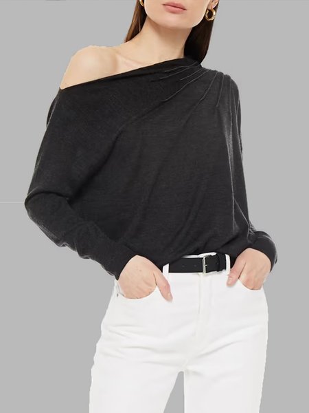 

Long sleeve One Shoulder Regular Fit Plain Simple T-Shirt, Black, Tees