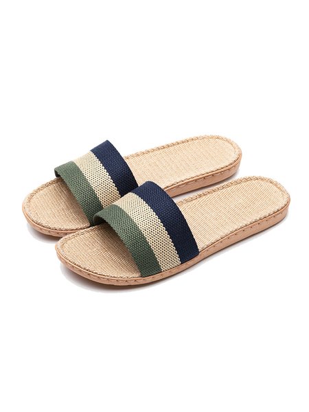 

Contrasting Color Strip Upper Sweat-absorbent Breathable Linen Home Slippers, Color6, Slippers
