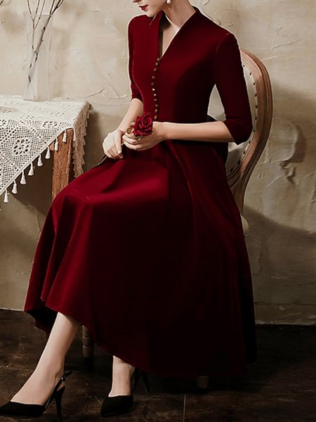 

Plain Regular Fit Elegant Three Quarter Sleeve Midi Party Dress, Deep red, Midi Dresses