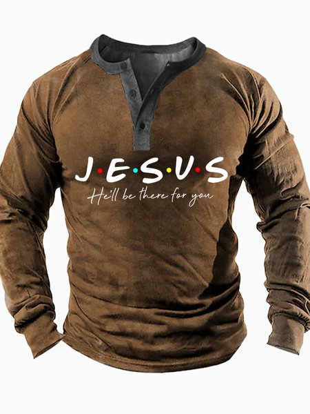 

Men's Jesus He Will Be There For You Funny Graphic Print Regular Fit Half Turtleneck Casual Text Letters Top, Khaki, Long Sleeves
