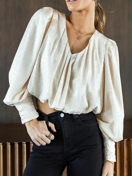 

Urban V Neck Loose Crop Plain Blouse, Apricot, Blouses and Shirts