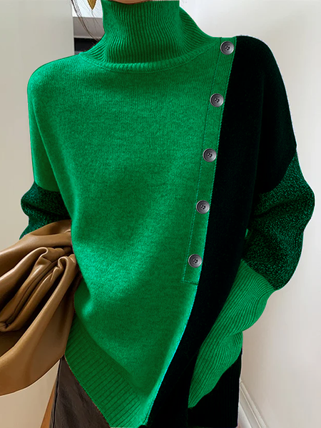 

High Elasticity Loose Color Block Turtleneck Long sleeve Urban Loose Sweater, Green, Pullovers