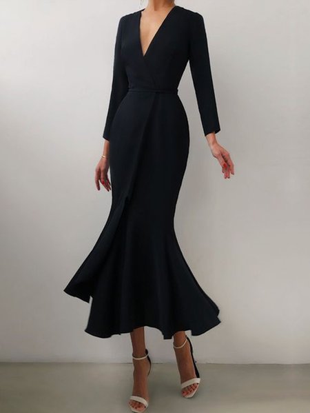

Elegant Regular Fit Long sleeve No Elasticity Polyester Dress, Black, Midi Dresses