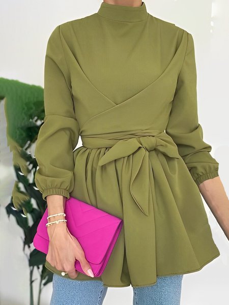 

Stand Collar Regular Fit Elegant Blouse, Green, Blouses and Shirts