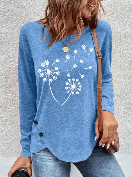 

Women's Dandelion Paw Print Crew Neck Casual Letters Top, Blue, Long sleeves