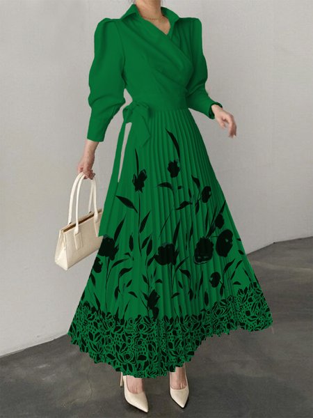 

Regular Fit Elegant Shirt Collar Floral Midi Dress, Green, Midi Dresses