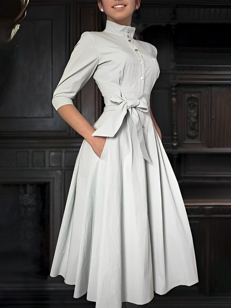 

Elegant Stand Collar Plain Regular Fit Dress, As picture, Midi Dresses
