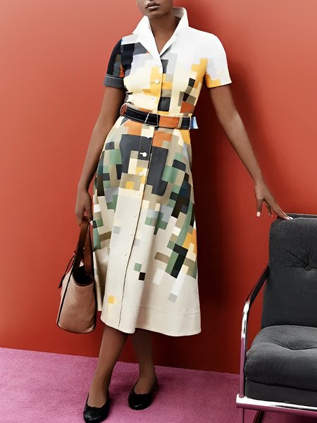

Elegant Shirt Collar Regular Fit Geometric Dress, As picture, Midi Dresses