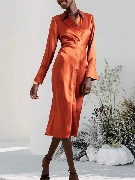 

Elegant Plain Shawl Collar Dress, Orange, Midi Dresses
