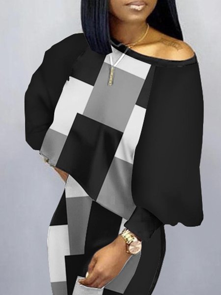 

Long sleeve Loose Geometric Crew Neck Casual T-Shirt, Black, Tees