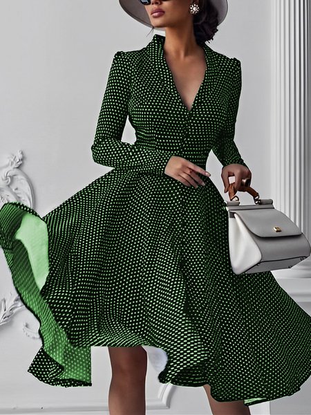 

Elegant Regular Fit Shawl Collar Polka Dots Dress, Green, Midi Dresses