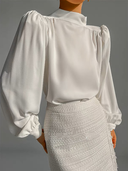 

Stand Collar Elegant Regular Fit Blouse, White, Blouses and Shirts