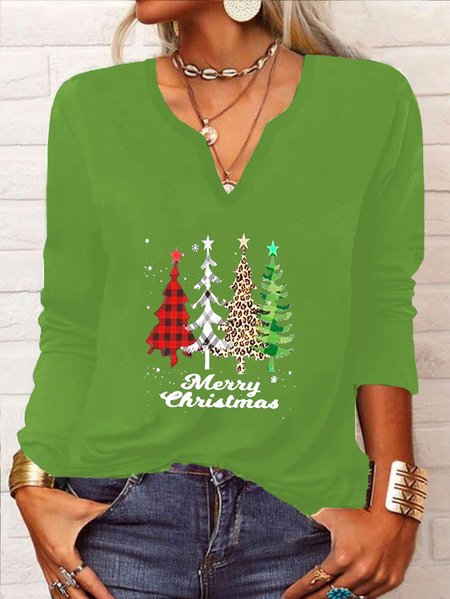 Casual Christmas Trees Long Sleeve V Neck Printed Top T Shirt