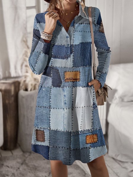 

Shawl Collar Casual Plaid Regular Fit Dress, Blue, Mini Dresses