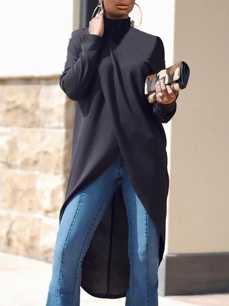 

Long sleeve Half Turtleneck Plain Urban Regular Fit Top, Black, Linen Tops